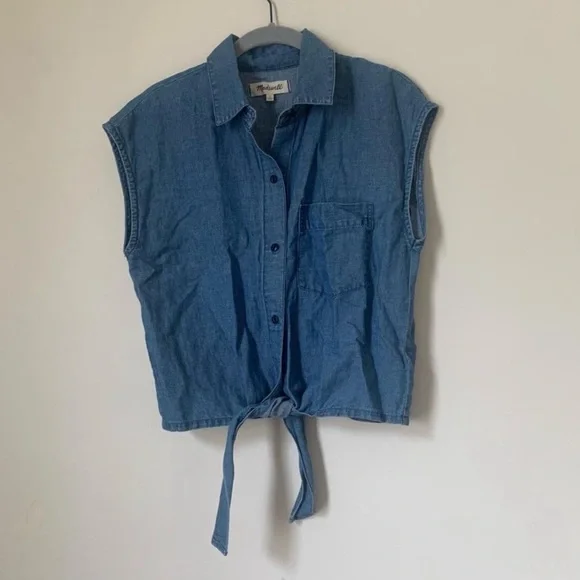 Madewell Blue Sleeveless Button Down Shirt with Tie Front - Picture 5 of 6